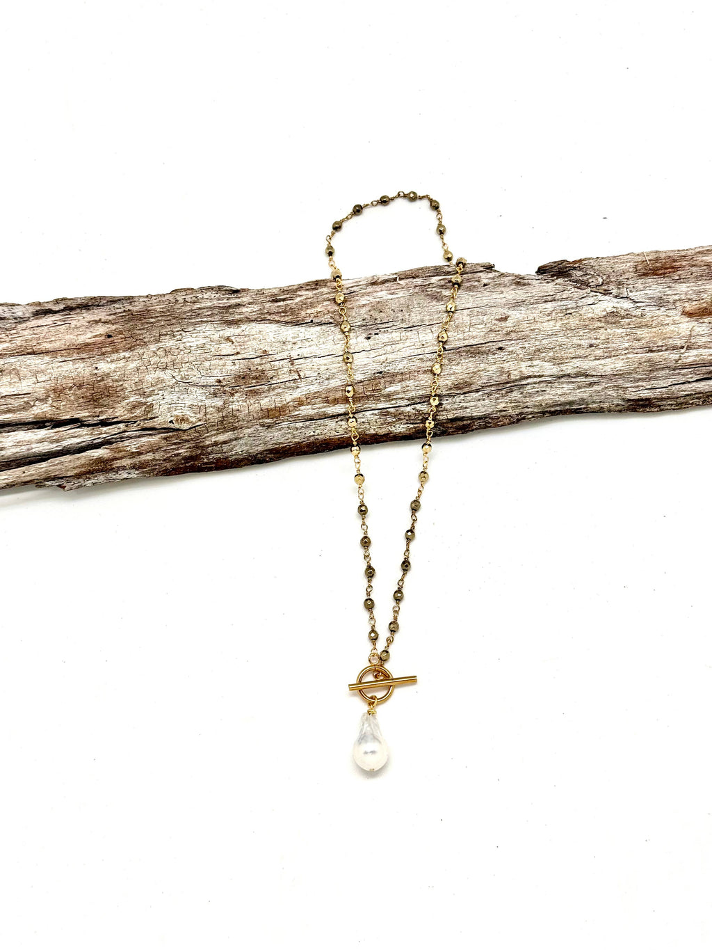 Necklace Baroque Pearl Pyrite Bead Chain 18”w/Gold Toggle 18”